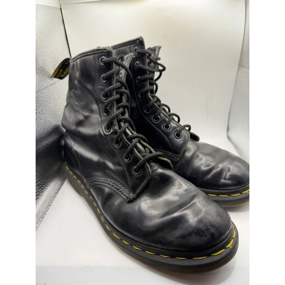 Dr. Martens 1460 8 Eye Black Smooth Leather Combat Boots Yellow Stitching